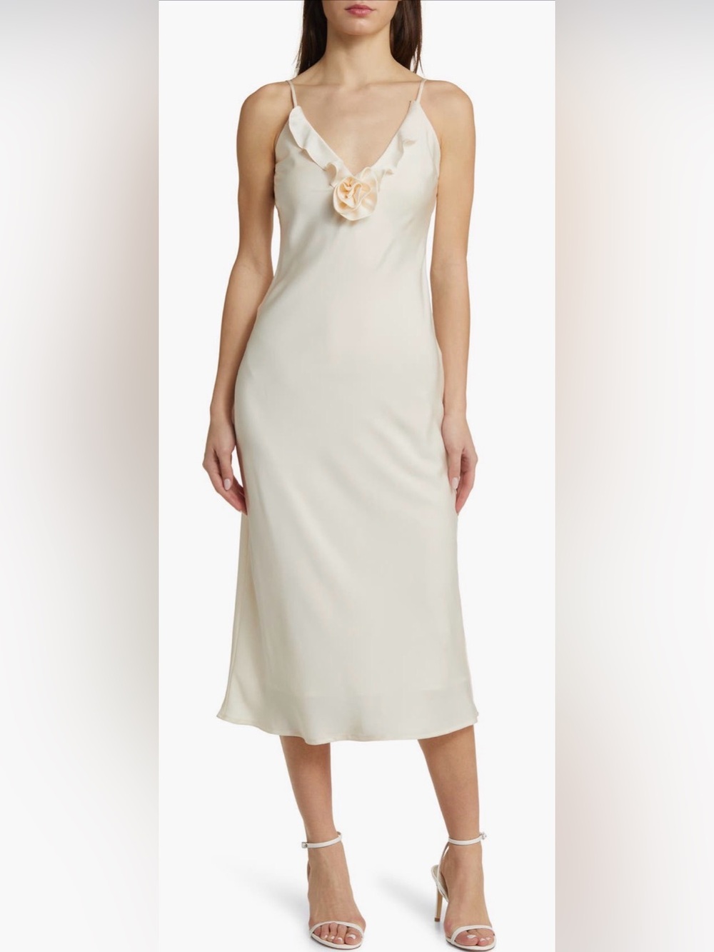 WAYF Bailey Satin Slip Rosette Midi Dress Cream S NWT